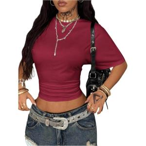image:imageSOLY HUX Womens Cinched Waist Tops Drop Shoulder Short Sleeve Ruched Crewneck Summer T ShirtPure Burgundy