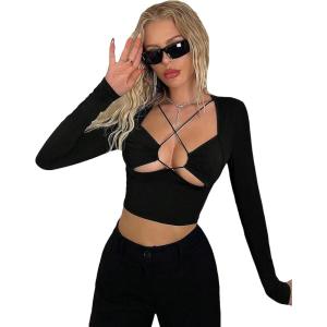 image:imageSOLY HUX Womens Cut Out Crop Tops Y2k Criss Cross Long Sleeve Asymmetrical Party Club T ShirtsPlain Black