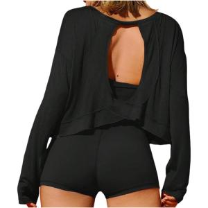 image:imageSOLY HUX Womens Open Back Tops Cut Out Backless Long Sleeve Tee Athletic Workout Yoga T ShirtSolid Black