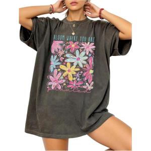 image:imageSOLY HUX Womens Oversized Graphic Tees Drop Shoulder Half Sleeve Loose Casual T Shirt TopsDark Grey Floral