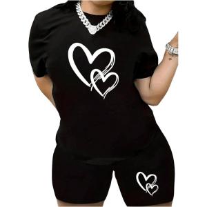 image:imageSOLY HUX Womens Plus Size 2 Piece Outfits Heart Print Short Sleeve T Shirt and Biker Shorts SetBlack Heart