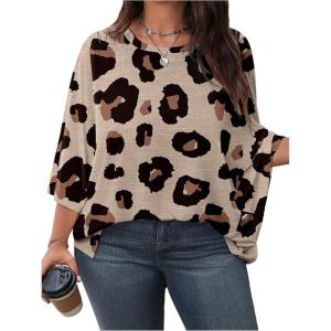 image:imageSOLY HUX Womens Plus Size Camo T Shirt Crewneck 34 Sleeve Oversized Tees Casual Summer TopsBeige Leopard
