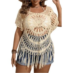 image:imageSOLY HUX Womens Plus Size Hollow Out Fringe Hem T Shirts Short Sleeve Knitted Crochet TopsPlain Apricot