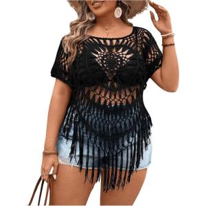 image:imageSOLY HUX Womens Plus Size Hollow Out Fringe Hem T Shirts Short Sleeve Knitted Crochet TopsPlain Black