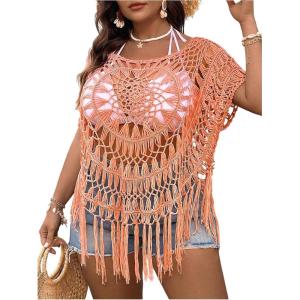 image:imageSOLY HUX Womens Plus Size Hollow Out Fringe Hem T Shirts Short Sleeve Knitted Crochet TopsPlain Pink