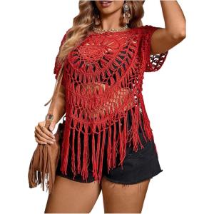 image:imageSOLY HUX Womens Plus Size Hollow Out Fringe Hem T Shirts Short Sleeve Knitted Crochet TopsPlain Red