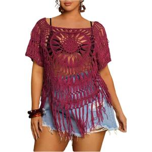 image:imageSOLY HUX Womens Plus Size Hollow Out Fringe Hem T Shirts Short Sleeve Knitted Crochet TopsPlain Rose Red