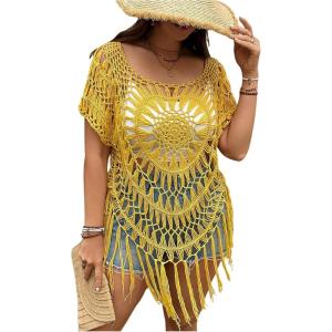 image:imageSOLY HUX Womens Plus Size Hollow Out Fringe Hem T Shirts Short Sleeve Knitted Crochet TopsPlain Yellow