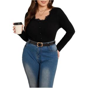 image:imageSOLY HUX Womens Plus Size Lace V Neck Long Sleeve TShirts Button Slim Fit Going Out Tee TopsPure Black