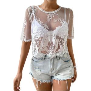 image:imageSOLY HUX Womens Sheer Mesh Crop Top Lace Short Sleeve Crew Neck See Through Tshirts Summer OutfitsWhite Sheer