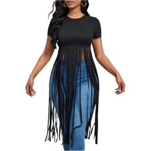 image:imageSOLY HUX Womens Short Sleeve Fringe Tops Crew Neck Slim Fit Tee Going Out Summer T ShirtPure Black