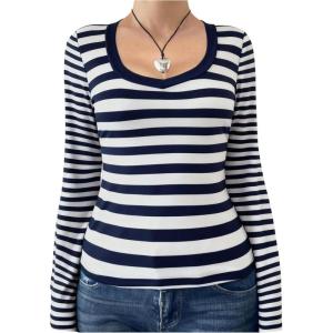 image:imageSOLY HUX Womens Striped Long Sleeve T Shirts Scoop Neck Fitted Aesthetic Tees Y2k Grunge TopBlue and White Striped