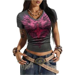 image:imageSOLY HUX Womens Y2k Gothic Graphic Tees V Neck Short Sleeve T Shirt Streetwear Summer TopsDark Grey Graphic