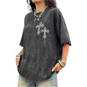 image:imageSOLY HUX Womens Y2k Gothic Rhinestone T Shirt Graphic Tees Half Sleeve Oversized Vintage Streetwear Summer TopsGrey Cross