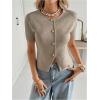 image:imageSOLY HUX Womens Button Down Short Sleeve Cardigan Crew Neck Fitted Knit Sweater TopsPlain Khaki
