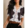 image:imageSOLY HUX Womens Lace Crop Blouse Short Sleeve V Neck Button Down Shirts Elegant TopsCoffee Brown