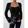 image:imageSOLY HUX Womens Long Sleeve Bodysuit Square Neck Knit Slim Fitted Going Out Tops Fall ClothesPure Black