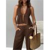 image:imageSOLY HUX Womens Summer Vacation 2 Piece Outfits Sexy Deep V Neck Halter Tops and Pants SetsPure Brown