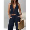 image:imageSOLY HUX Womens Summer Vacation 2 Piece Outfits Sexy Deep V Neck Halter Tops and Pants SetsPure Dark Blue