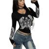 image:imageSOLY HUX Womens Y2k Gothic Graphic Tees V Neck Long Sleeve T Shirt Going Out Tops Punk Streetwear Alternative ClothesBlack Graphic