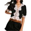 image:imageSOLY HUX Womens Lace Crop Blouse Short Sleeve V Neck Button Down Shirts Elegant TopsBlack and White