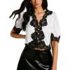 image:imageSOLY HUX Womens Lace Crop Blouse Short Sleeve V Neck Button Down Shirts Elegant TopsWhite Black Lace