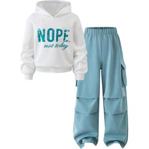image:imageSOLY HUX Girls 2 Piece Outfits Graphic Hoodies Sweatshirt and Cargo Pants Set SweatsuitsWhite and Teal Blue