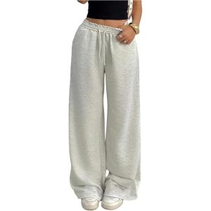 image:imageSOLY HUX Girls Casual Sweatpants Drawstring Elastic Joggers Low Rise Wide Leg Baggy Long Pants with PocketsPlain Light Grey