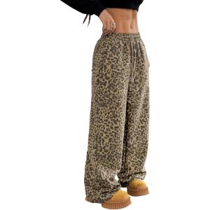 image:imageSOLY HUX Wide Leg Jeans for Women Leopard Print Y2K Pants Elastic Waist Baggy Casual Loose Trousers with PocketsKhaki Leopard