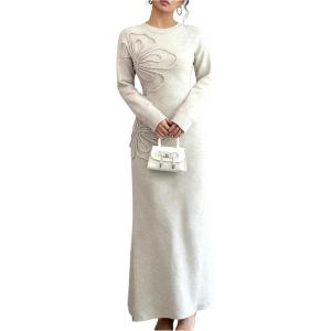 image:imageSOLY HUX Womens 3D Floral Sweater Dress Long Sleeve Crew Neck Knit Fall Winter Long DressesApricot Floral