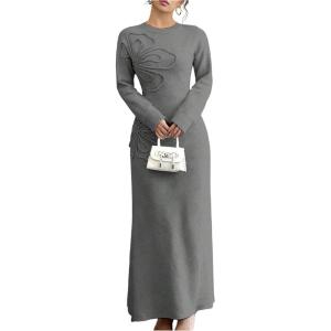 image:imageSOLY HUX Womens 3D Floral Sweater Dress Long Sleeve Crew Neck Knit Fall Winter Long DressesGrey