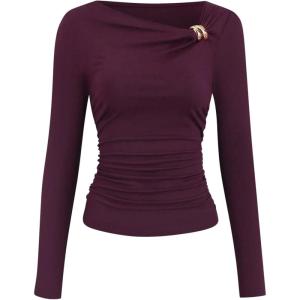 image:imageSOLY HUX Womens Asymmetrical Neck Long Sleeve T Shirt Ruched Slim Fitted Tee Fall Going Out TopsSolid Purple