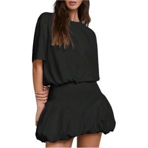 image:imageSOLY HUX Womens Bubble Mini Dress Short Sleeve Crewneck A Line Y2k Going Out Summer DressesPlain Black