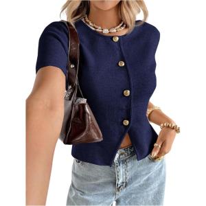 image:imageSOLY HUX Womens Button Down Short Sleeve Cardigan Crew Neck Fitted Knit Sweater TopsDark Blue