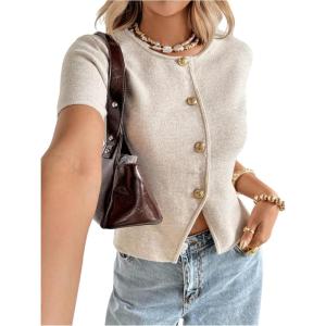 image:imageSOLY HUX Womens Button Down Short Sleeve Cardigan Crew Neck Fitted Knit Sweater TopsPlain Apricot
