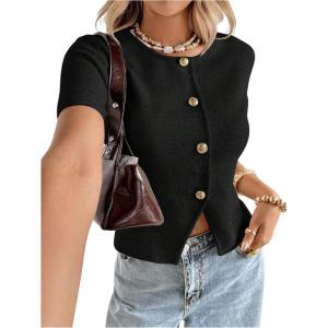 image:imageSOLY HUX Womens Button Down Short Sleeve Cardigan Crew Neck Fitted Knit Sweater TopsPlain Black