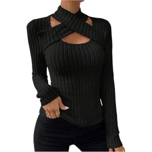 image:imageSOLY HUX Womens Cut Out T Shirt Criss Cross Long Sleeve Slim Fitted Tee Knit Casual Fall TopsPure Black