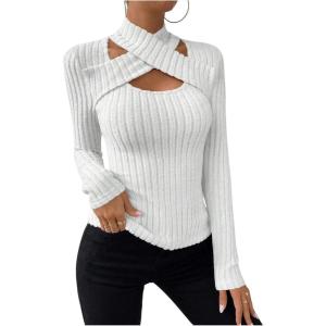 image:imageSOLY HUX Womens Cut Out T Shirt Criss Cross Long Sleeve Slim Fitted Tee Knit Casual Fall TopsPure White