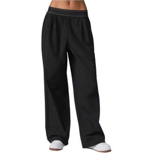 image:imageSOLY HUX Womens Lightweight Straight Leg Pants Elastic High Waisted Workout Yoga Casual Trousers with PocketsPure Black