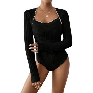 image:imageSOLY HUX Womens Long Sleeve Bodysuit Square Neck Knit Slim Fitted Going Out Tops Fall ClothesPure Black