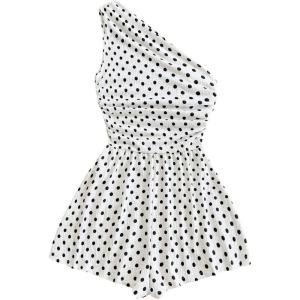 image:imageSOLY HUX Womens One Shoulder Sleeveless Ruched Romper Wide Leg Summer Vacation Going Out Short JumpsuitBlack and White Polka Dots