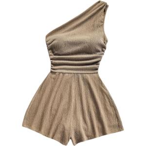 image:imageSOLY HUX Womens One Shoulder Sleeveless Ruched Romper Wide Leg Summer Vacation Going Out Short JumpsuitPure Khaki