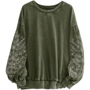 image:imageSOLY HUX Womens Plus Size Acid Wash Sweatshirt Graphic Embroidered Vintage Long Sleeve Pullover Tops Casual StreetwearArmy Green Floral