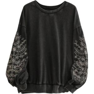 image:imageSOLY HUX Womens Plus Size Acid Wash Sweatshirt Graphic Embroidered Vintage Long Sleeve Pullover Tops Casual StreetwearBlack Floral