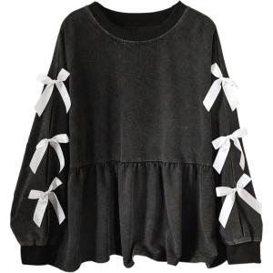 image:imageSOLY HUX Womens Plus Size Babydoll Tops Bowknot Long Sleeve Peplum Ruffle Hem T Shirt Cute Fall Pullover TopPure Black