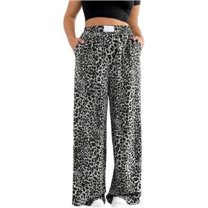 image:imageSOLY HUX Womens Plus Size Leopard Pants Cheetah Print High Waisted Baggy Wide Leg Pants Trousers with PocketsGrey Leopard
