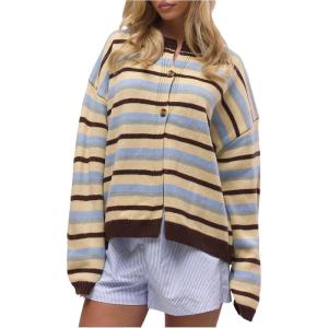 image:imageSOLY HUX Womens Striped Cardigan Sweater Color Block Button Down Long Sleeve Drop Shoulder Oversized CardigansMulticoloured Striped