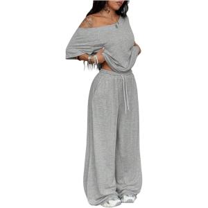image:imageSOLY HUX Womens Summer 2 Piece Outfits Off the Shoulder Half Sleeve T Shirt and Sweatpants Set Casual StreetwearPlain Grey