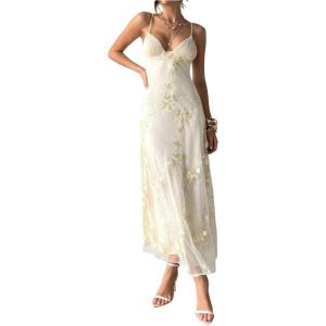 image:imageSOLY HUX Womens Summer Floral Embroidered Mesh Dress Formal Deep V Neck Maxi Cocktail Party DressesApricot Floral