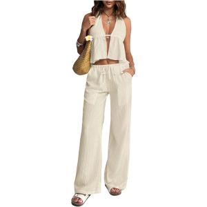 image:imageSOLY HUX Womens Summer Vacation 2 Piece Outfits Sexy Deep V Neck Halter Tops and Pants SetsPure Apricot